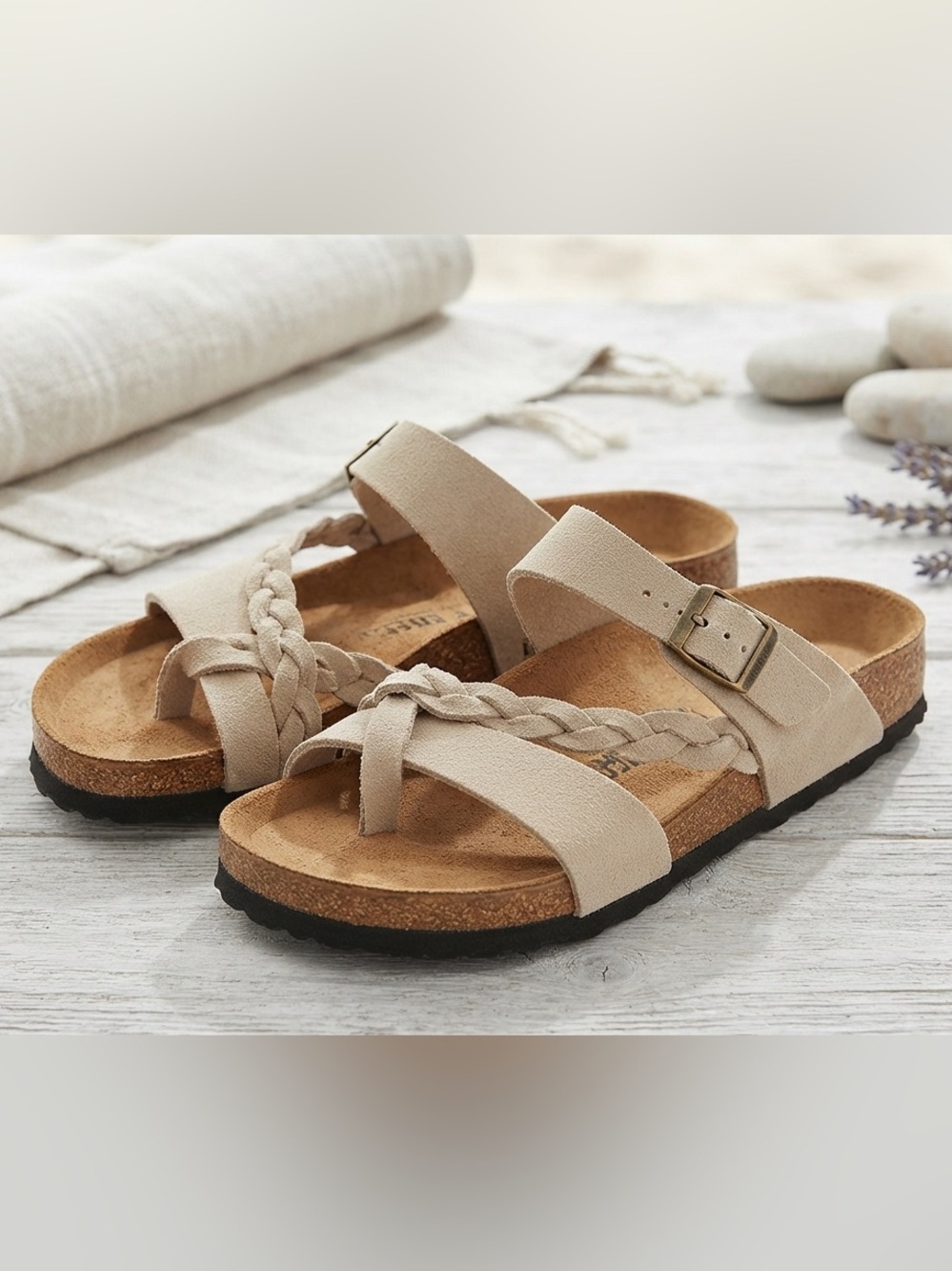 Women's Neutral Braided Strap Cork Footbed Sandals